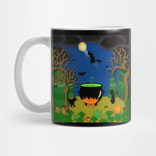 Scary, spooky, creepy, halloween with cauldron, spiders, bats, cats and a black witch on a broom stick Mug